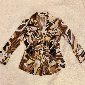 SOLD Cache Tan / Brown Floral Button-down Blouse - Size Small